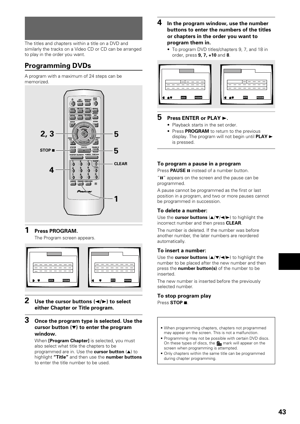 Playback in a desired order, Program play), Playback in a desired order (program play) | Programming dvds, Adv anced functions, Press program, Press enter or play 3, Dvd/video cd/cd, The program screen appears | Pioneer DV-535 User Manual | Page 43 / 56