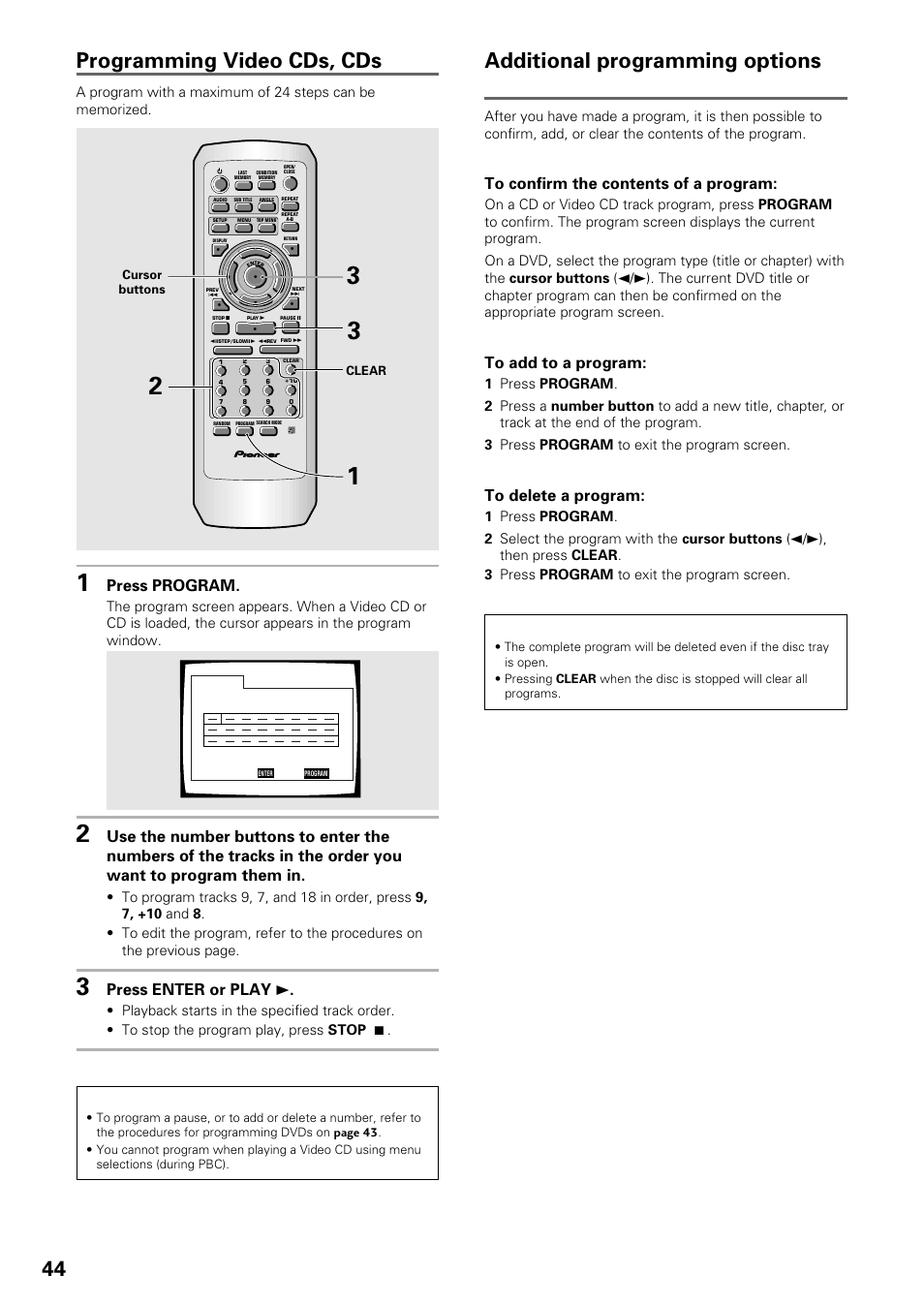Additional programming options, Programming video cds, cds, Dvd/video cd/cd | Press program, Press enter or play 3 | Pioneer DV-535 User Manual | Page 44 / 56