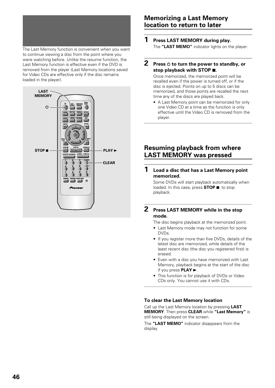 Continuing playback from a, Specified location (last memory), Dvd/video cd | Pioneer DV-535 User Manual | Page 46 / 56