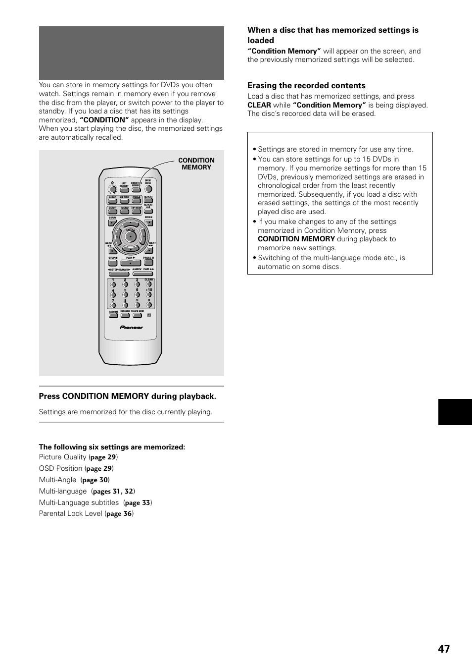Memorizing settings for often, Viewed dvds (condition memory), Erasing the recorded contents | Pioneer DV-535 User Manual | Page 47 / 56
