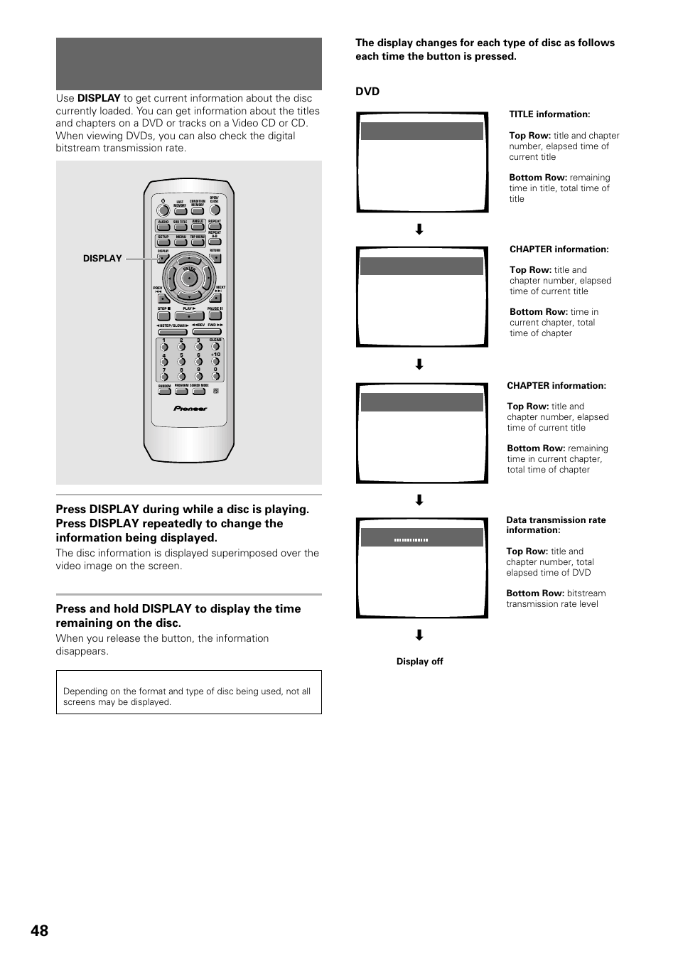 Viewing disc information, Dvd/video cd/cd, Display | Pioneer DV-535 User Manual | Page 48 / 56