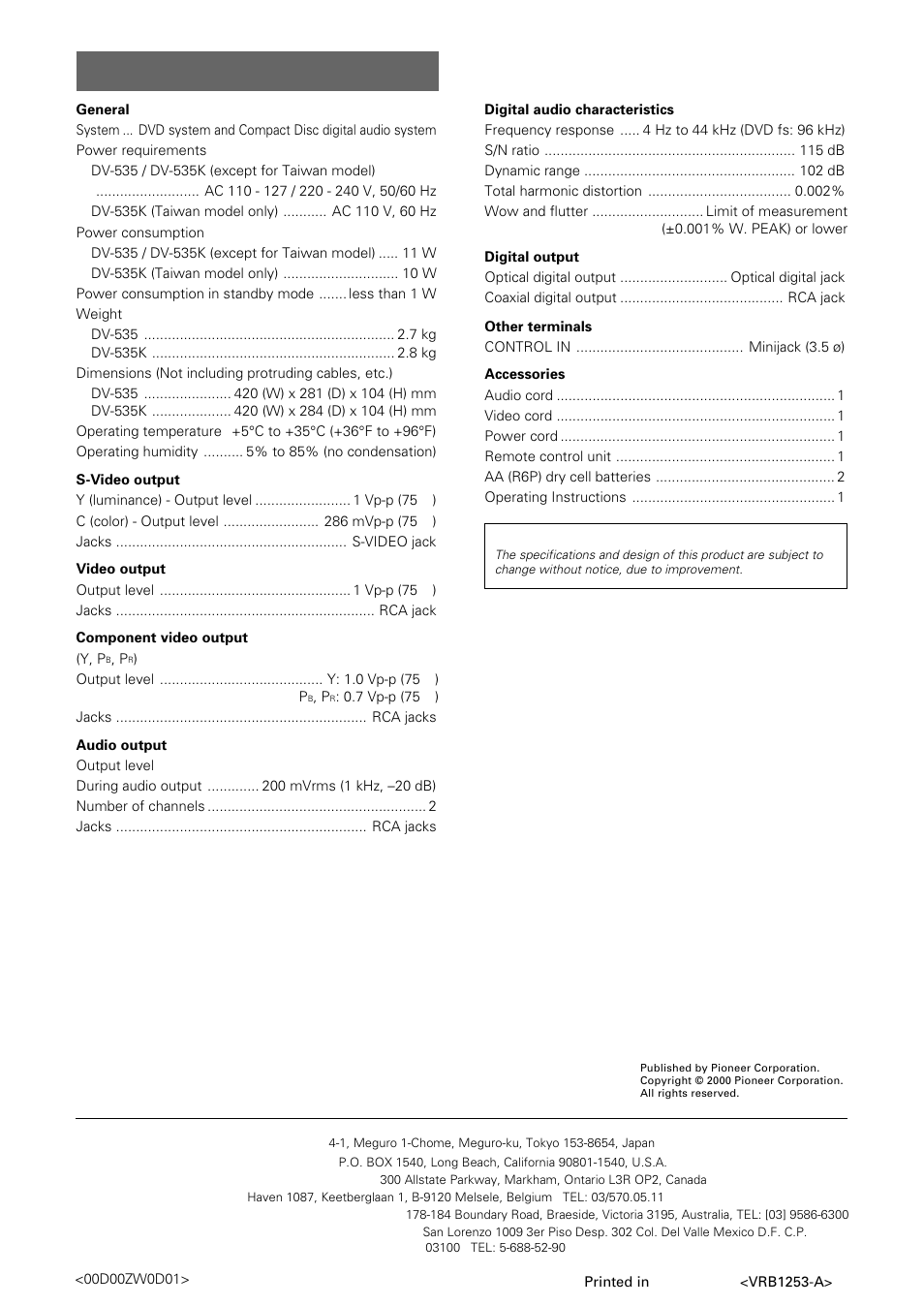 Specifications, Pioneer corporation | Pioneer DV-535 User Manual | Page 56 / 56