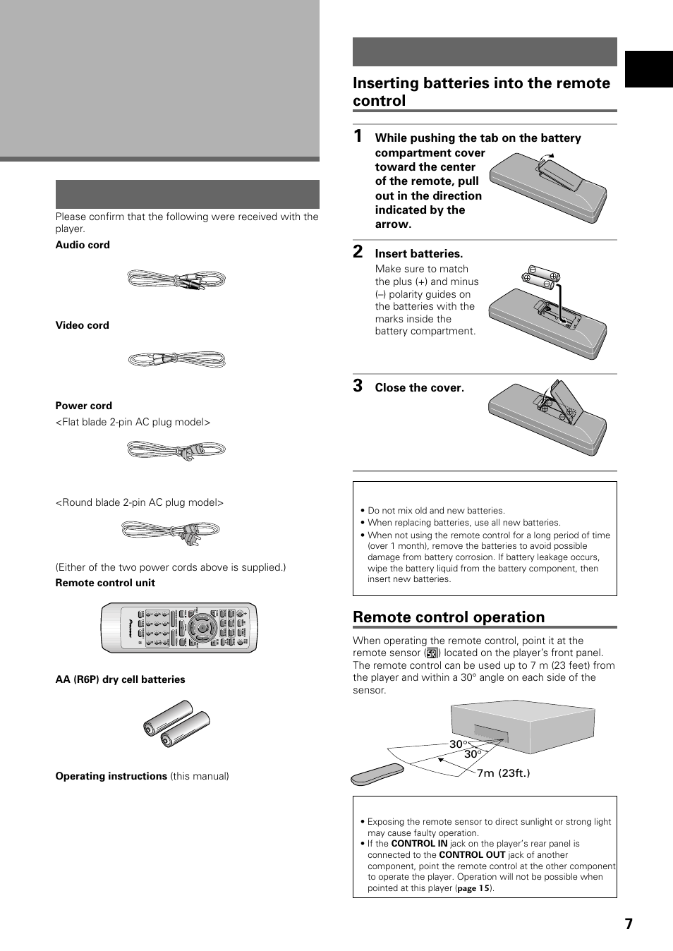 Before using, Checking accessories preparing the remote control, Preparing the remote control | Checking accessories, Inserting batteries into the remote control, Remote control operation, Insert batteries, Close the cover | Pioneer DV-535 User Manual | Page 7 / 56