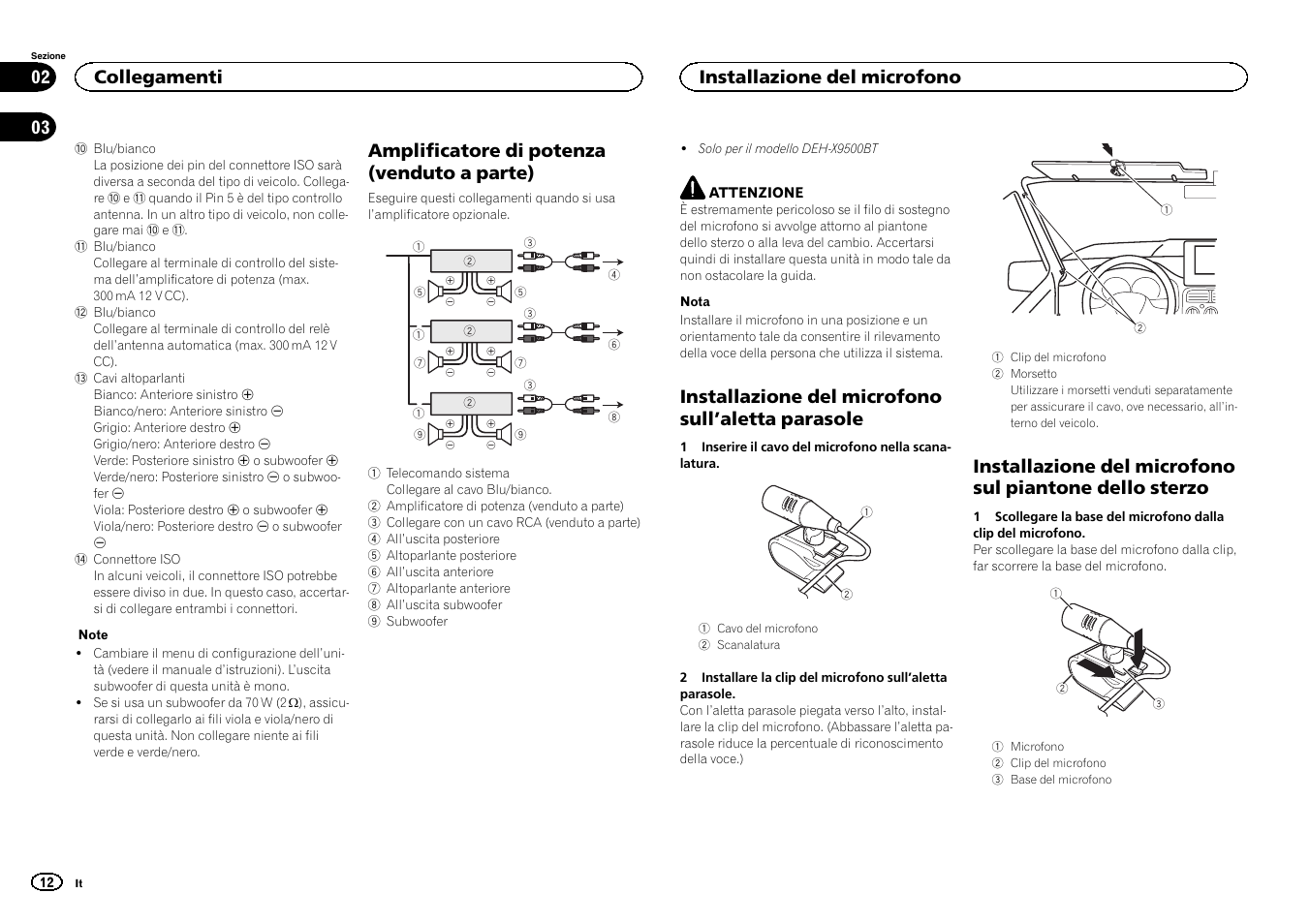 Amplificatore di potenza (venduto a parte), Installazione del microfono sull ’aletta parasole, Collegamenti | Installazione del microfono | Pioneer DEH-X9500BT User Manual | Page 12 / 32