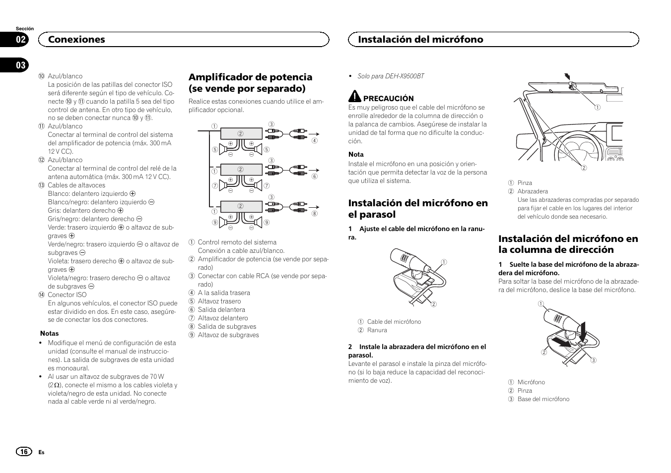 Amplificador de potencia (se vende por separado), Instalación del micrófono en el parasol, Conexiones | Instalación del micrófono | Pioneer DEH-X9500BT User Manual | Page 16 / 32