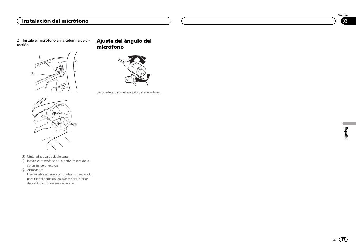 Ajuste del ángulo del micrófono, Instalación del micrófono | Pioneer DEH-X9500BT User Manual | Page 17 / 32