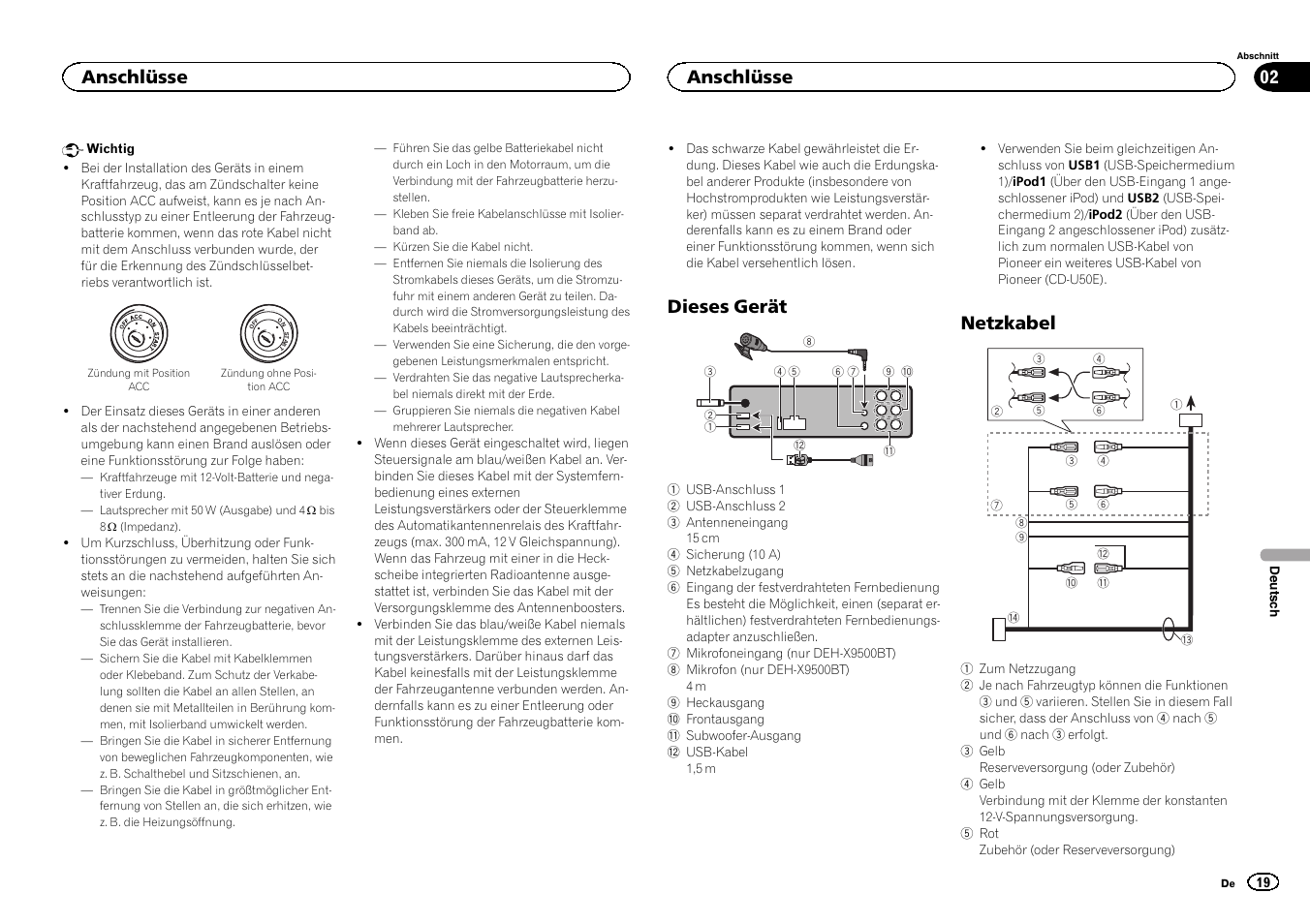 Dieses gerät, Netzkabel, Anschlüsse | Pioneer DEH-X9500BT User Manual | Page 19 / 32