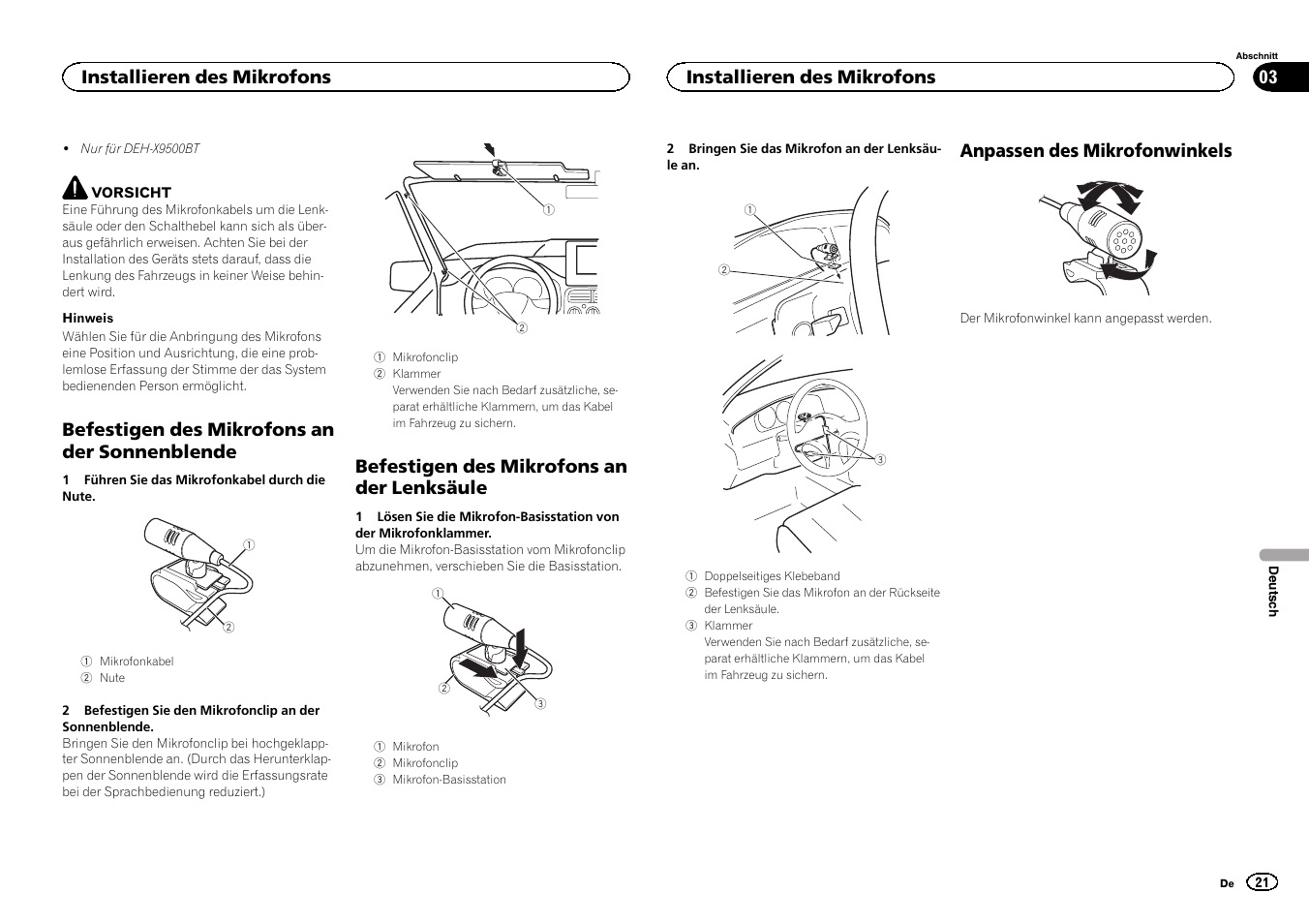 Befestigen des mikrofons an der sonnenblende, Befestigen des mikrofons an der lenksäule, Anpassen des mikrofonwinkels | Installieren des mikrofons | Pioneer DEH-X9500BT User Manual | Page 21 / 32
