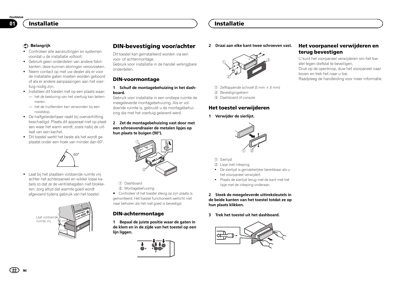 Nederlands, Din-bevestiging voor/achter, Installatie | Pioneer DEH-X9500BT User Manual | Page 22 / 32