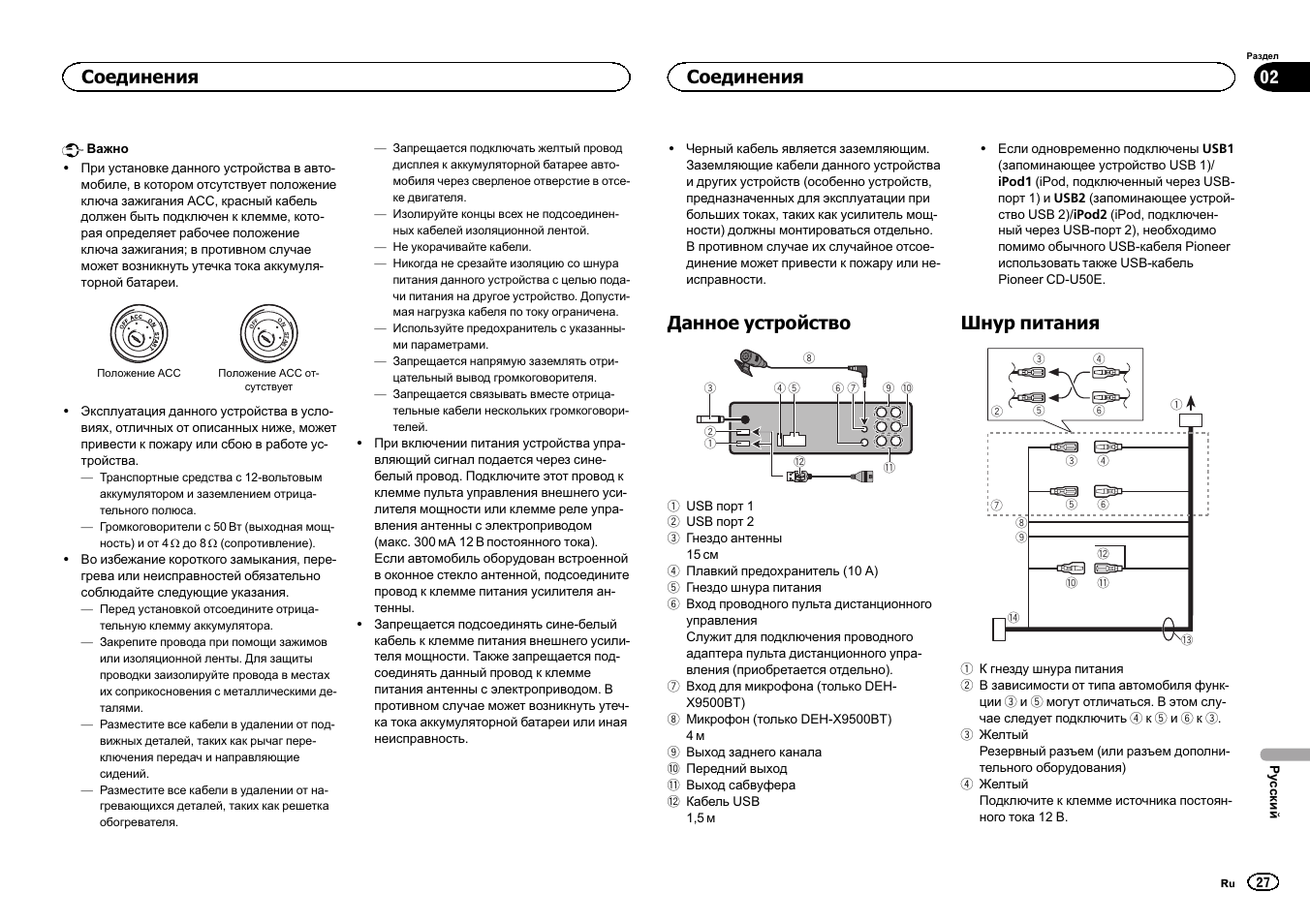 Данное устройство, Шнур питания, Соединения | Pioneer DEH-X9500BT User Manual | Page 27 / 32