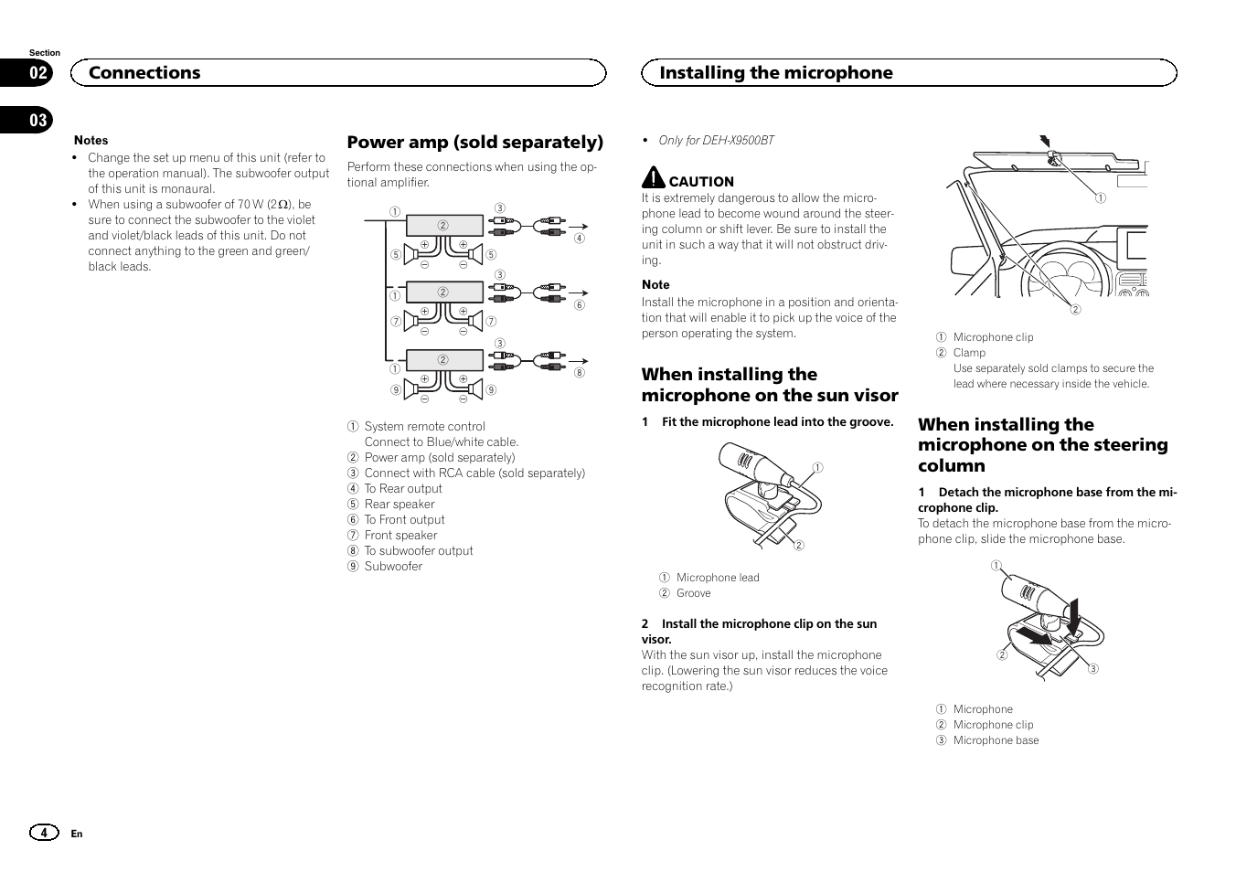 Power amp (sold separately), When installing the microphone on the sun visor, Connections | Installing the microphone | Pioneer DEH-X9500BT User Manual | Page 4 / 32