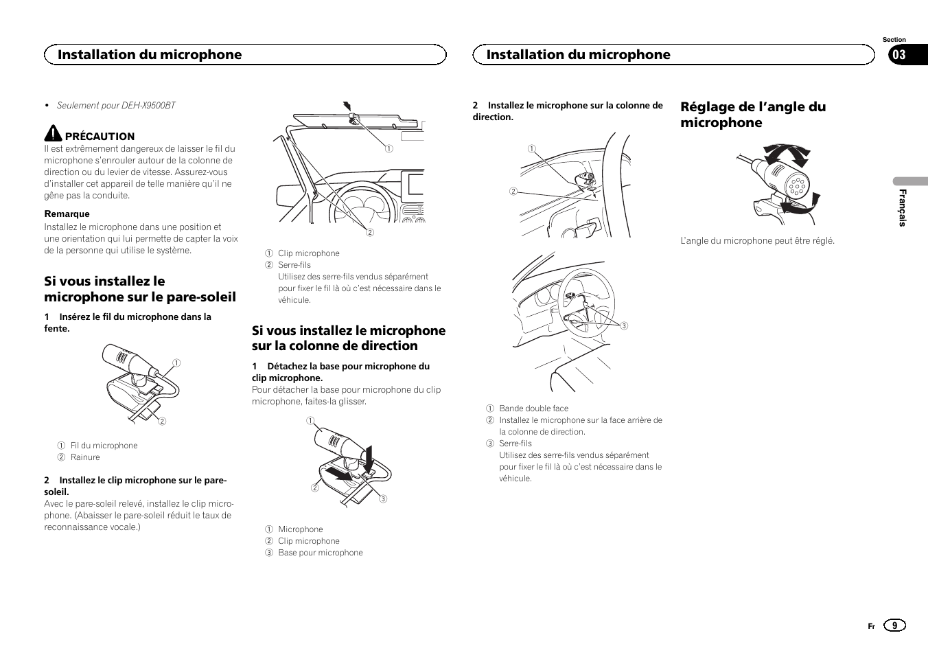 Si vous installez le microphone sur le pare-soleil, Réglage de l ’angle du microphone, Installation du microphone | Pioneer DEH-X9500BT User Manual | Page 9 / 32