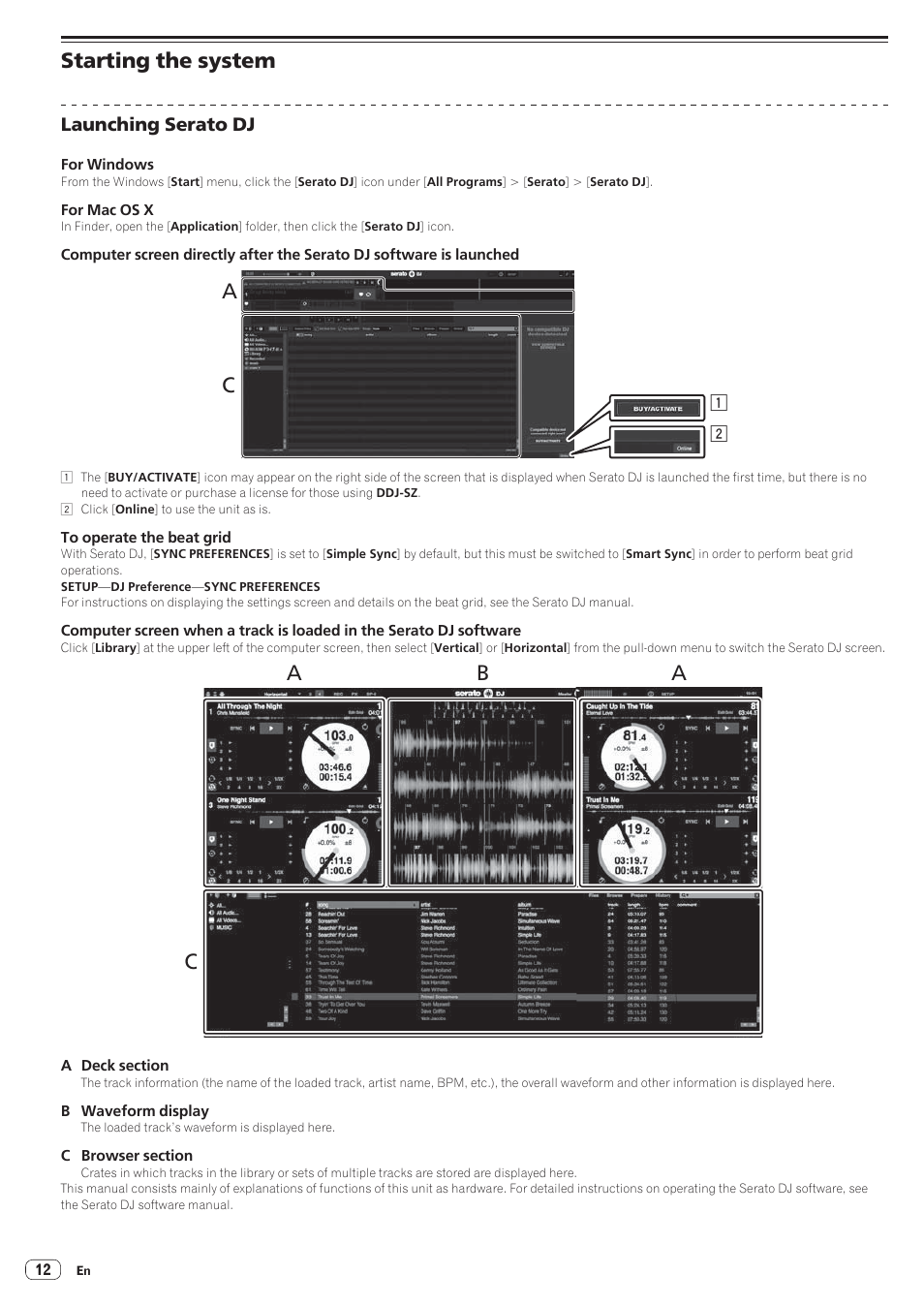 Starting the system, Ac b, Launching serato dj | Pioneer DDJ-SZ User Manual | Page 12 / 16