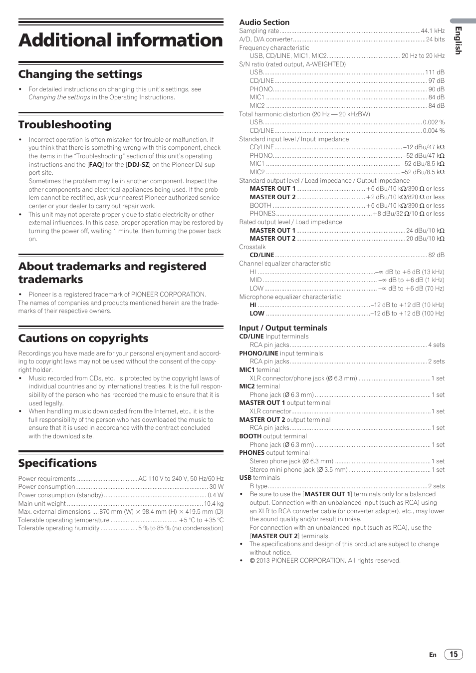 Additional information, Changing the settings, Troubleshooting | About trademarks and registered trademarks, Cautions on copyrights, Specifications | Pioneer DDJ-SZ User Manual | Page 15 / 16