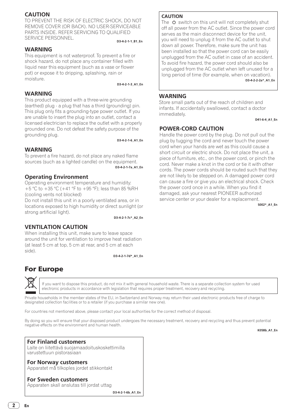 For europe, Caution, Warning | Operating environment, Ventilation caution, Power-cord caution | Pioneer DDJ-SZ User Manual | Page 2 / 16