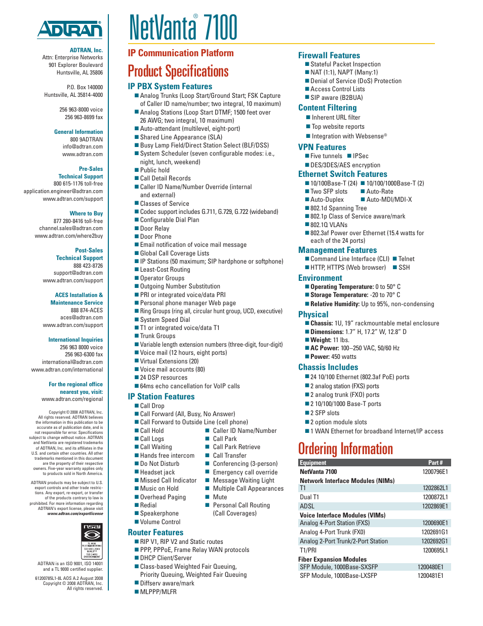 Netvanta, Product specifications, Ordering information | Ip communication platform, Ip pbx system features, Ip station features, Router features, Firewall features, Content filtering, Vpn features | ADTRAN NetVanta 7100 User Manual | Page 2 / 2