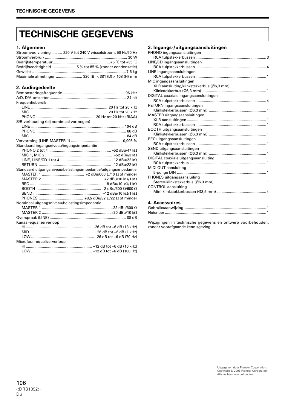 Technische gegevens | Pioneer DJM-800 User Manual | Page 106 / 128