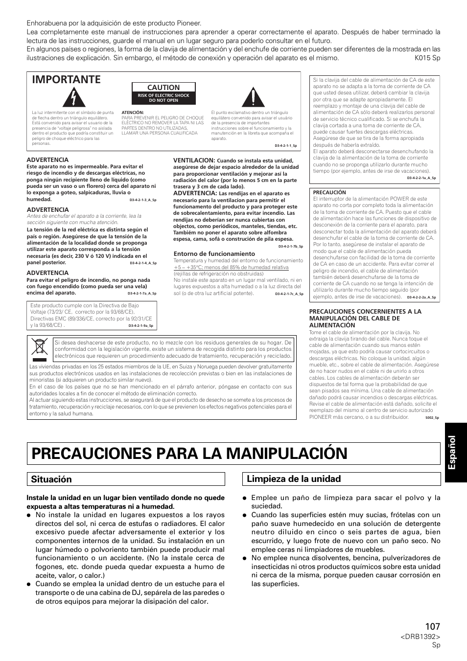 Precauciones para la manipulación, Importante, Español | Situación, Limpieza de la unidad, Caution | Pioneer DJM-800 User Manual | Page 107 / 128