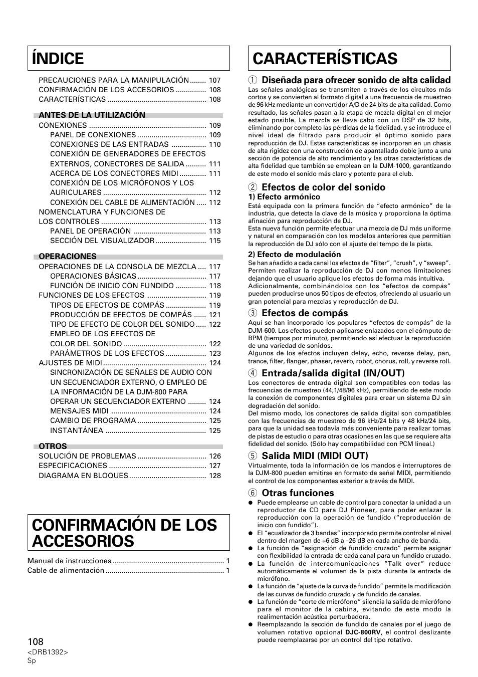 Manual de instrucciones, 1 diseñada para ofrecer sonido de alta calidad, 2 efectos de color del sonido | 3 efectos de compás, 4 entrada/salida digital (in/out), 5 salida midi (midi out), 6 otras funciones | Pioneer DJM-800 User Manual | Page 108 / 128