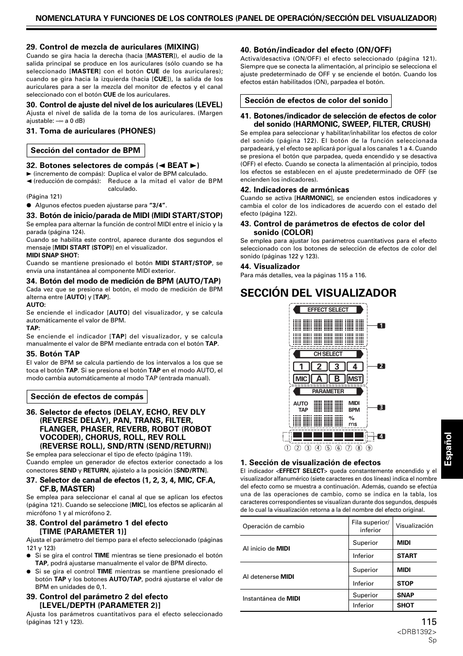 Sección del visualizador, Espa ñ ol | Pioneer DJM-800 User Manual | Page 115 / 128