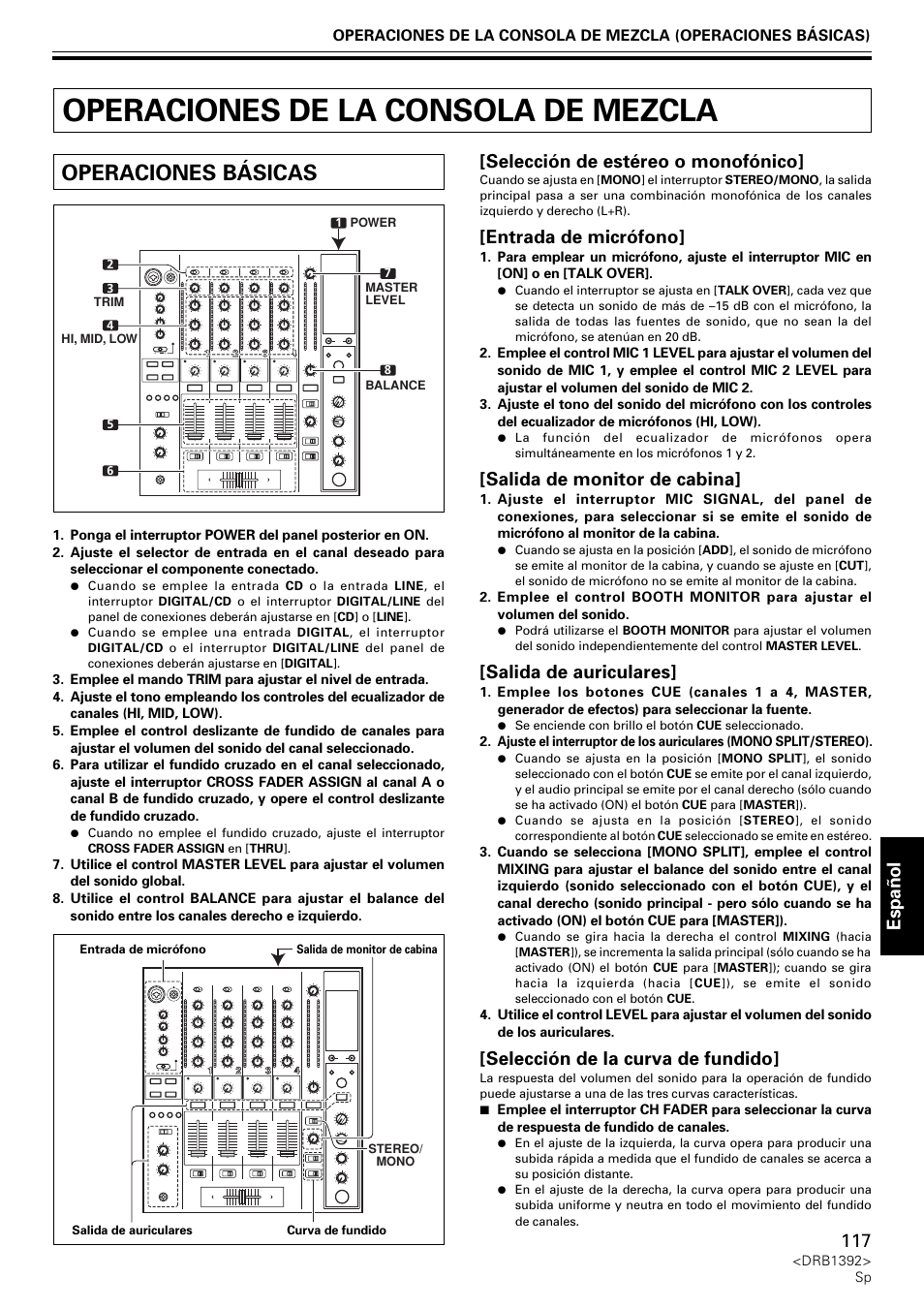 Operaciones de la consola de mezcla, Operaciones básicas, Español | Selección de estéreo o monofónico, Entrada de micrófono, Salida de monitor de cabina, Salida de auriculares, Selección de la curva de fundido | Pioneer DJM-800 User Manual | Page 117 / 128