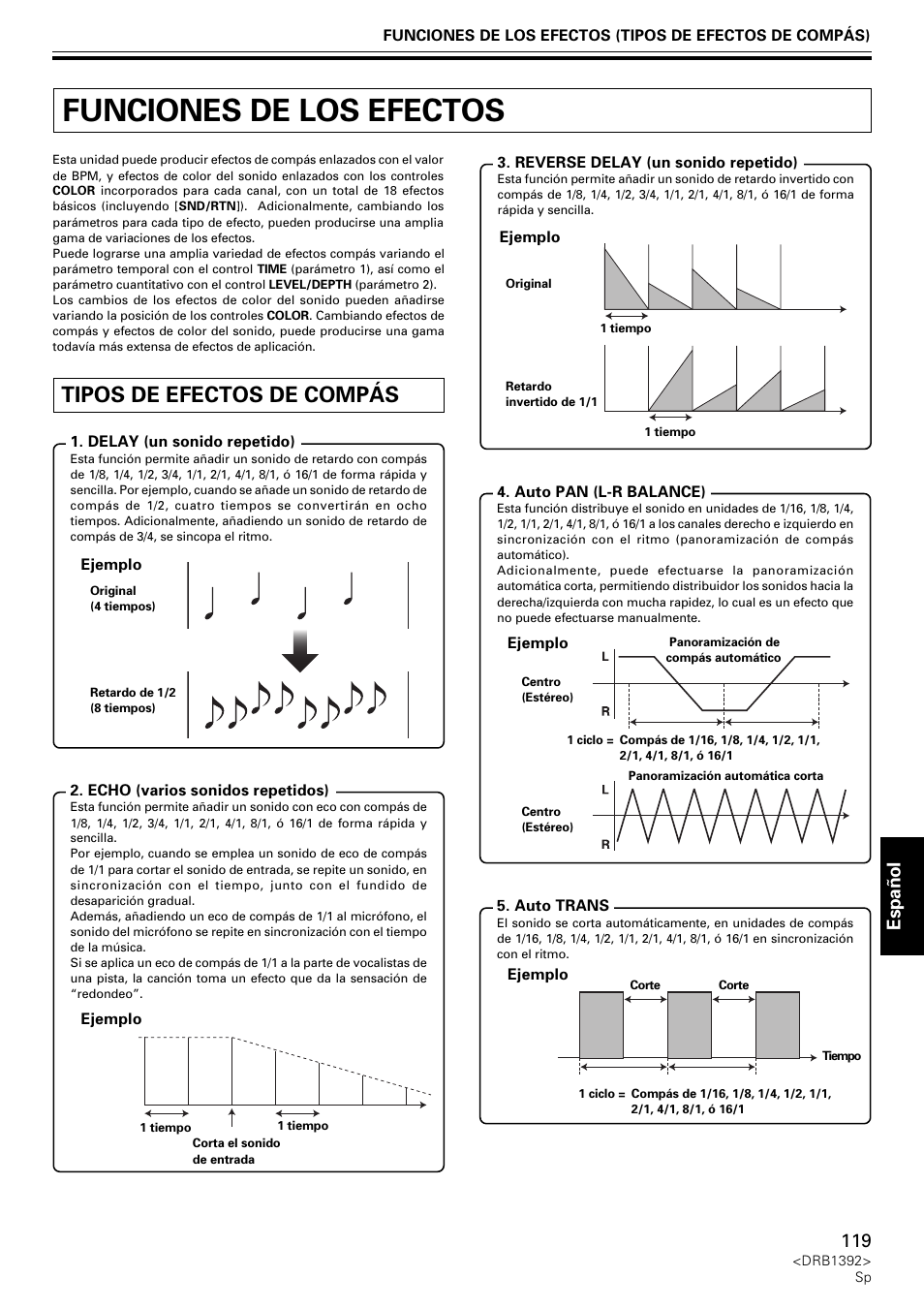 Funciones de los efectos, Tipos de efectos de compás, Espa ñ ol | Pioneer DJM-800 User Manual | Page 119 / 128