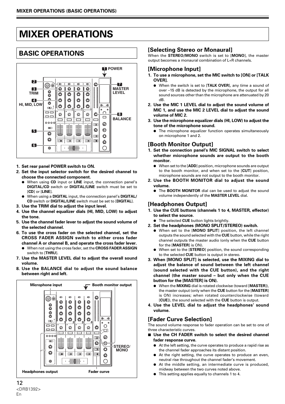 Mixer operations, Basic operations, Selecting stereo or monaural | Microphone input, Booth monitor output, Headphones output, Fader curve selection | Pioneer DJM-800 User Manual | Page 12 / 128