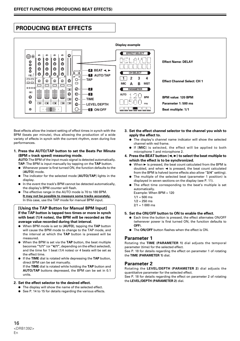 Producing beat effects, Parameter 1, Parameter 2 | Pioneer DJM-800 User Manual | Page 16 / 128