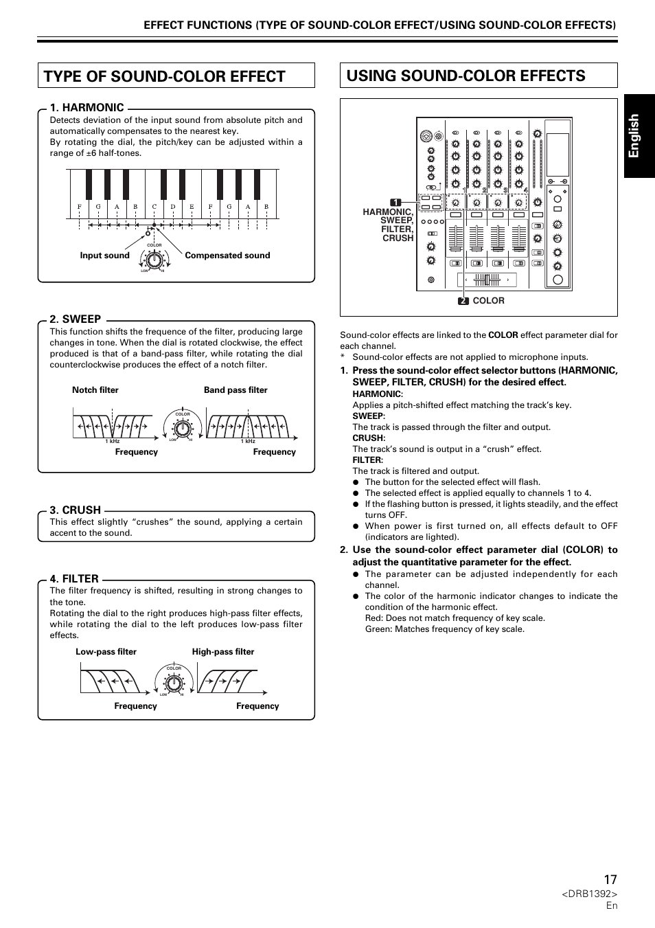 Type of sound-color effect, Using sound-color effects, English | Harmonic, Crush, Filter, Sweep | Pioneer DJM-800 User Manual | Page 17 / 128