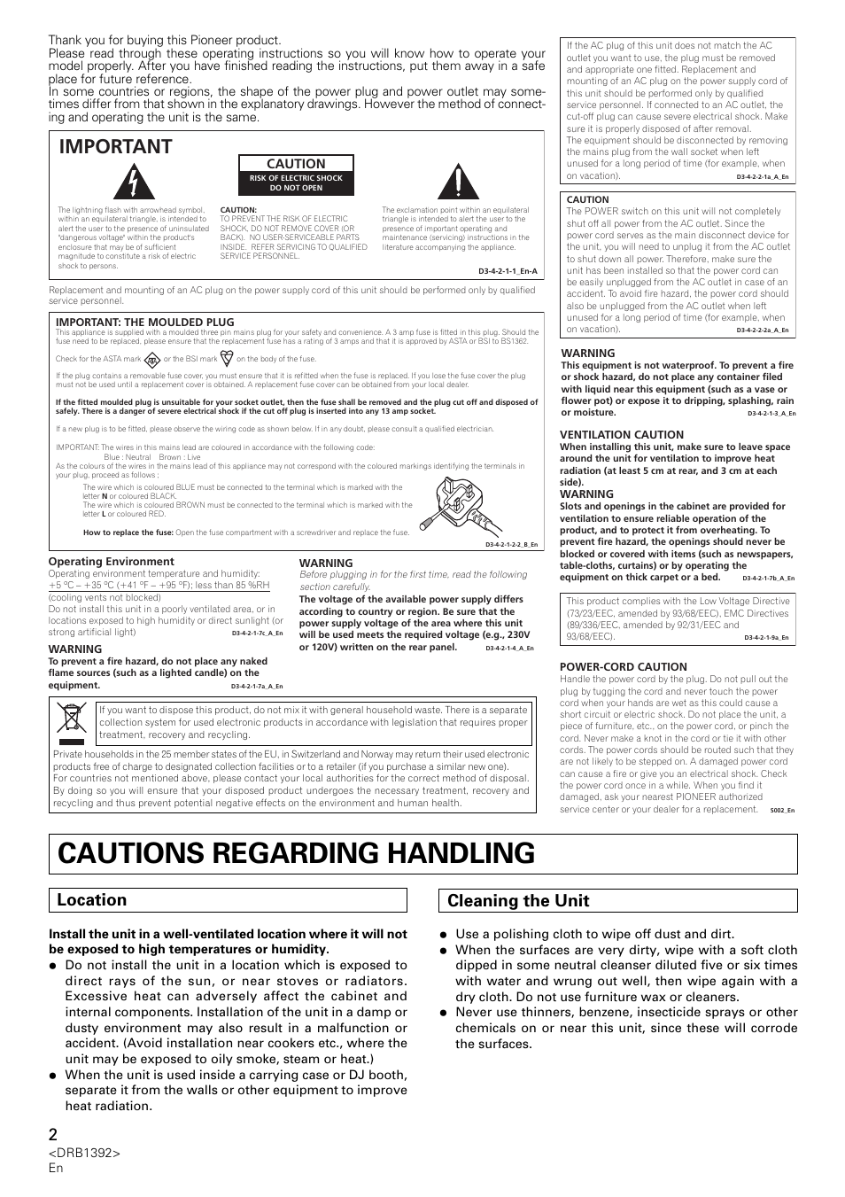 Cautions regarding handling, Important, Location | Cleaning the unit, Caution | Pioneer DJM-800 User Manual | Page 2 / 128
