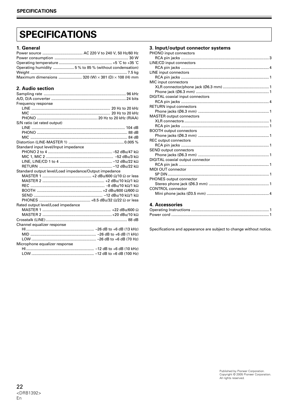 Specifications | Pioneer DJM-800 User Manual | Page 22 / 128