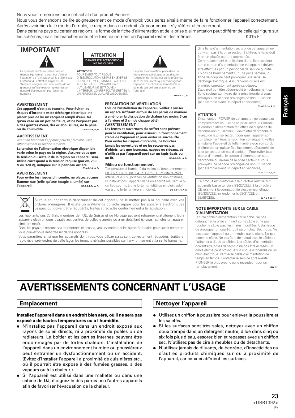 Avertissements concernant l’usage, Important, Français | Emplacement, Nettoyer l’appareil, Attention | Pioneer DJM-800 User Manual | Page 23 / 128