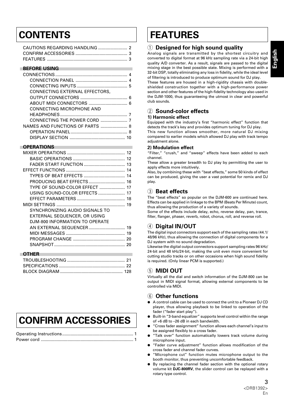 Djm-800, Operating instructions, Features contents confirm accessories | English, 1 designed for high sound quality, 2 sound-color effects, 3 beat effects, 4 digital in/out, 5 midi out, 6 other functions | Pioneer DJM-800 User Manual | Page 3 / 128