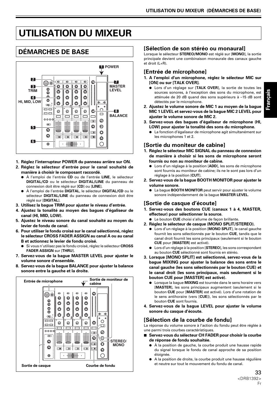 Utilisation du mixeur, Démarches de base, Français | Sélection de son stéréo ou monaural, Entrée de microphone, Sortie du moniteur de cabine, Sortie de casque d’écoute, Sélection de la courbe de fondu | Pioneer DJM-800 User Manual | Page 33 / 128