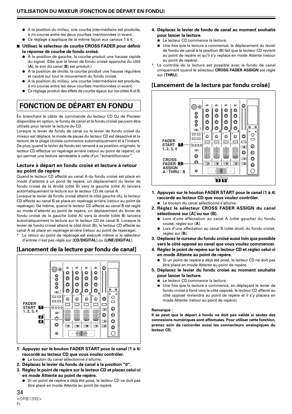 Fonction de départ en fondu, Lancement de la lecture par fondu de canal, Lancement de la lecture par fondu croisé | Pioneer DJM-800 User Manual | Page 34 / 128