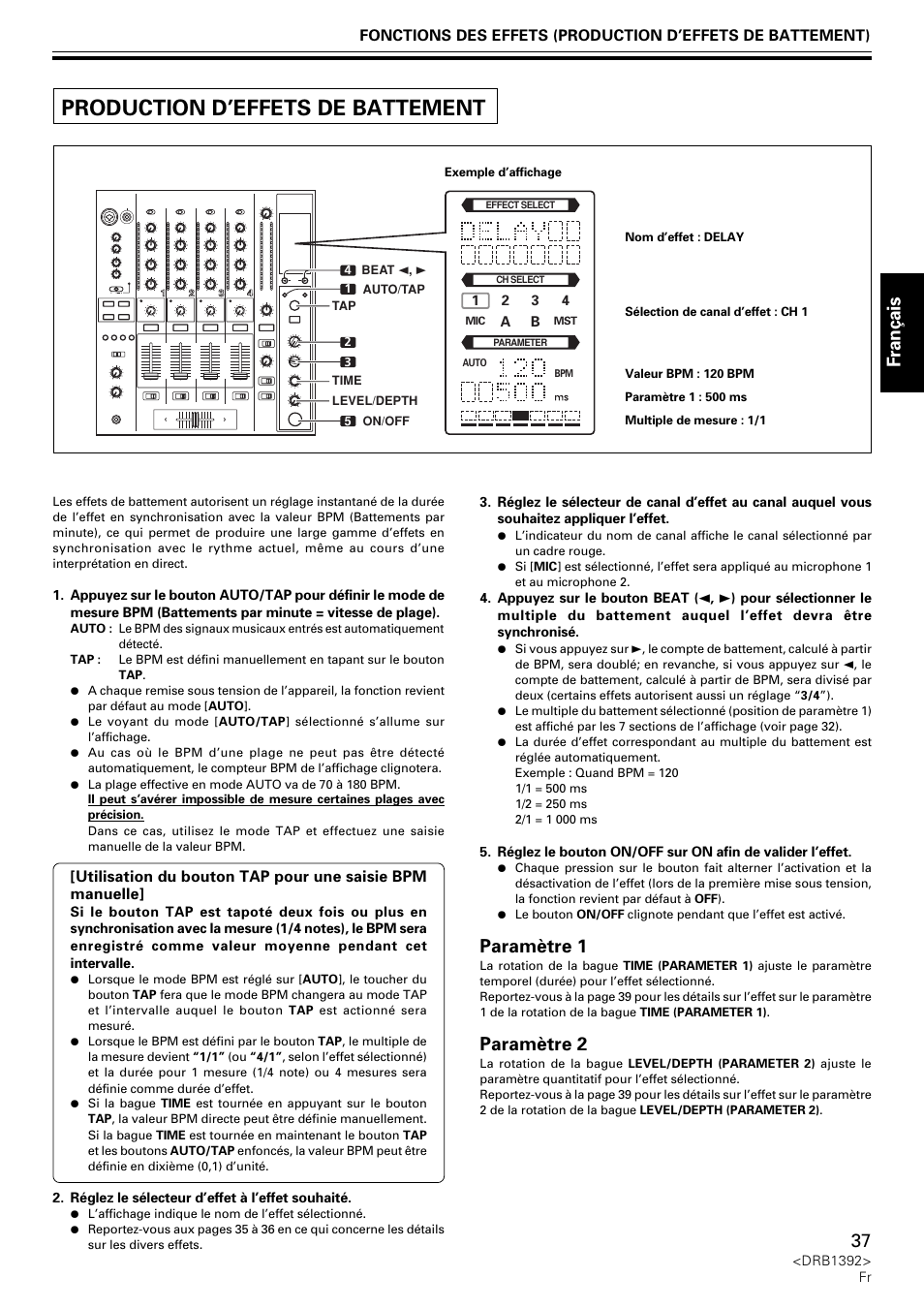 Production d’effets de battement, Fran ç ais, Paramètre 1 | Paramètre 2 | Pioneer DJM-800 User Manual | Page 37 / 128