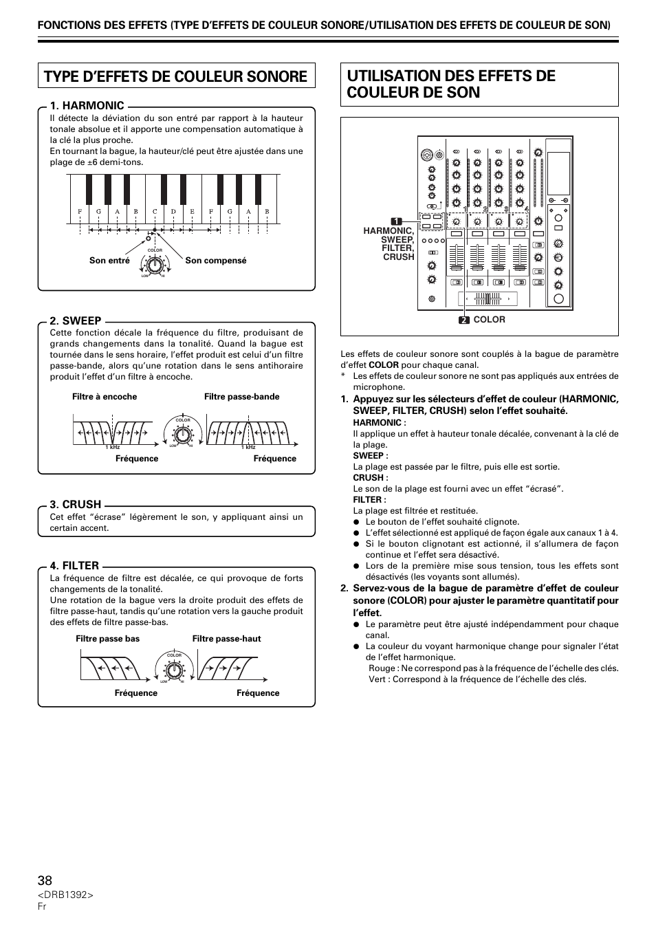Type d’effets de couleur sonore, Utilisation des effets de couleur de son, Filter | Sweep, Crush | Pioneer DJM-800 User Manual | Page 38 / 128