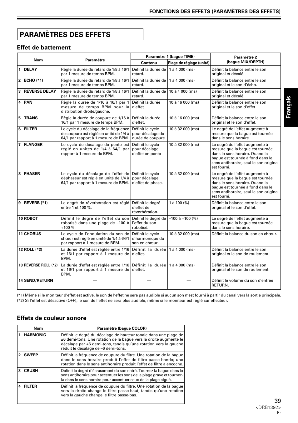 Paramètres des effets, Fran ç ais, Effet de battement effets de couleur sonore | Pioneer DJM-800 User Manual | Page 39 / 128