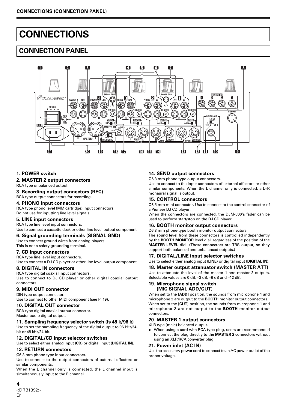 Connections, Connection panel, Power switch 2. master 2 output connectors | Recording output connectors (rec), Phono input connectors, Line input connectors, Signal grounding terminals (signal gnd), Cd input connectors, Digital in connectors, Midi out connector | Pioneer DJM-800 User Manual | Page 4 / 128