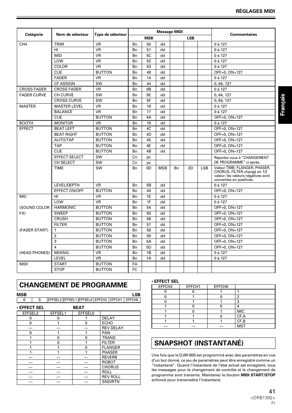 Changement de programme snapshot (instantané), Fran ç ais, Réglages midi | Pioneer DJM-800 User Manual | Page 41 / 128