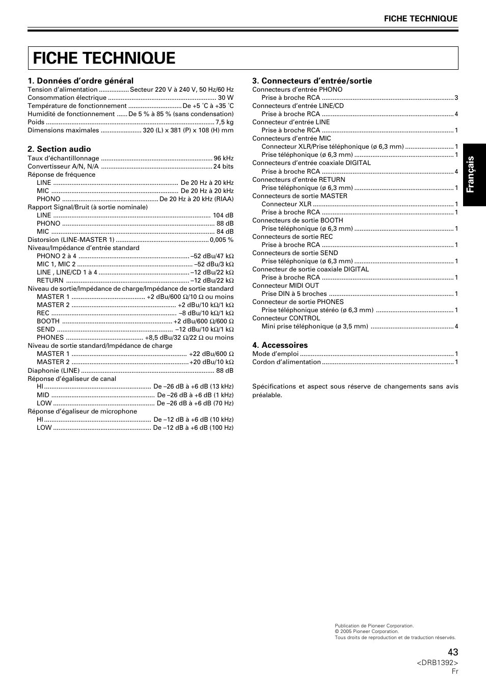 Fiche technique, Fran ç ais | Pioneer DJM-800 User Manual | Page 43 / 128