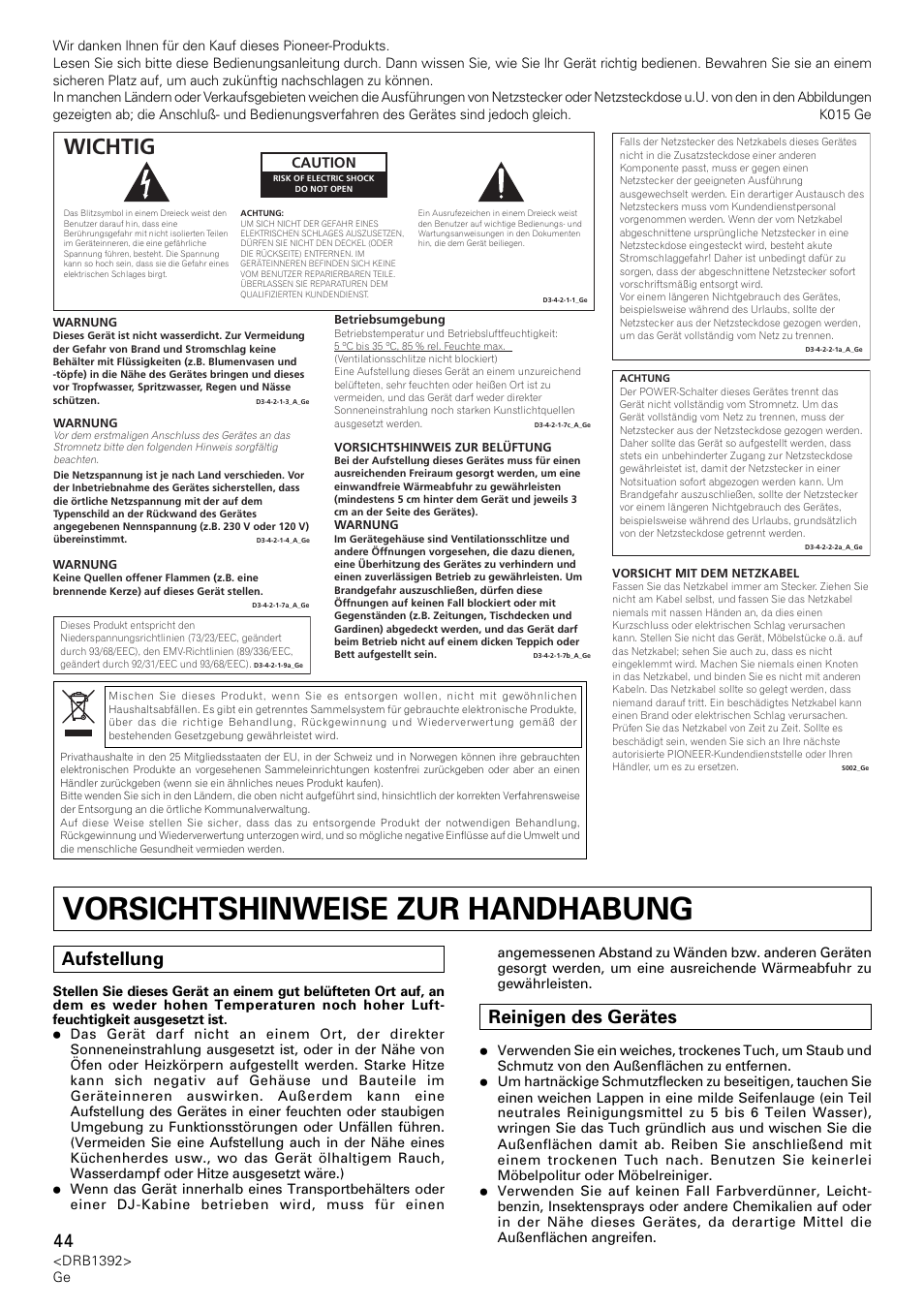 Vorsichtshinweise zur handhabung, Wichtig, Aufstellung | Reinigen des gerätes, Caution | Pioneer DJM-800 User Manual | Page 44 / 128