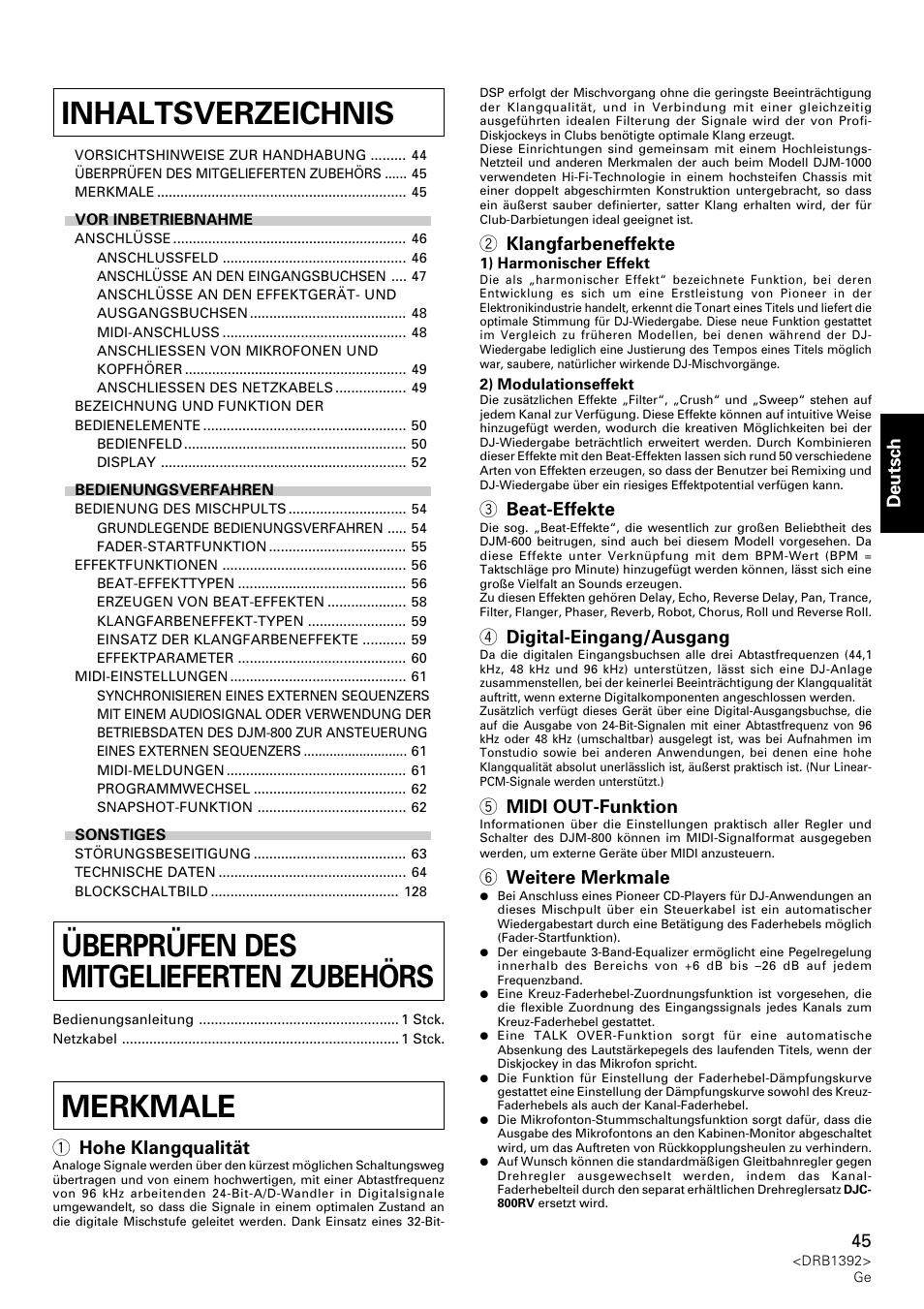 Bedienungsanleitung, Deutsch, 1 hohe klangqualität | 2 klangfarbeneffekte, 3 beat-effekte, 4 digital-eingang/ausgang, 5 midi out-funktion, 6 weitere merkmale | Pioneer DJM-800 User Manual | Page 45 / 128