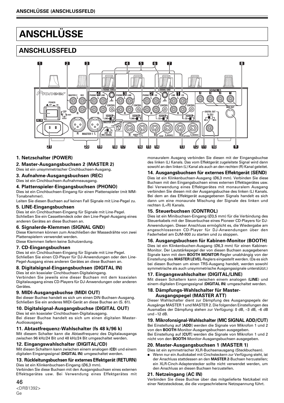 Anschlüsse, Anschlussfeld, Aufnahme-ausgangsbuchsen (rec) | Plattenspieler-eingangsbuchsen (phono), Line-eingangsbuchsen, Signalerde-klemmen (signal gnd), Cd-eingangsbuchsen, Digitalsignal-eingangsbuchsen (digital in), Midi-ausgangsbuchse (midi out), Digitalsignal-ausgangsbuchse (digital out) | Pioneer DJM-800 User Manual | Page 46 / 128