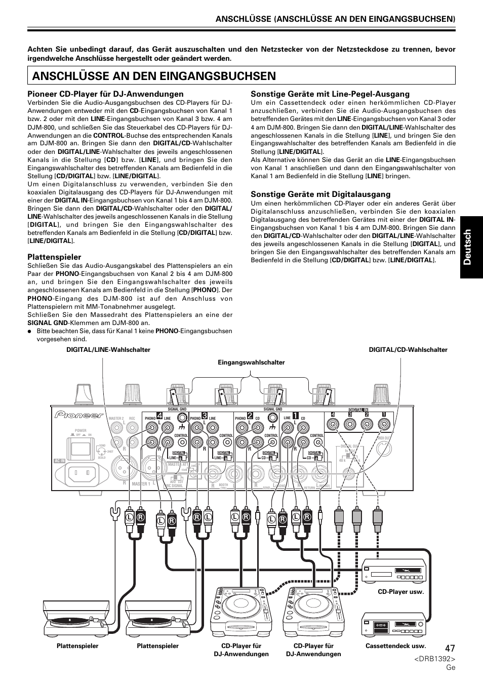 Anschlüsse an den eingangsbuchsen, Deutsch, Pioneer cd-player für dj-anwendungen | Plattenspieler, Sonstige geräte mit line-pegel-ausgang, Sonstige geräte mit digitalausgang, Anschlüsse (anschlüsse an den eingangsbuchsen), Drb1392> ge | Pioneer DJM-800 User Manual | Page 47 / 128