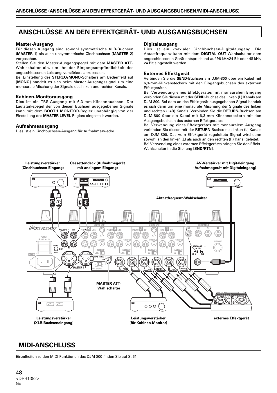 Anschlüsse an den effektgerät- und ausgangsbuchsen, Midi-anschluss, Master-ausgang | Kabinen-monitorausgang, Aufnahmeausgang, Digitalausgang, Externes effektgerät, Drb1392> ge | Pioneer DJM-800 User Manual | Page 48 / 128