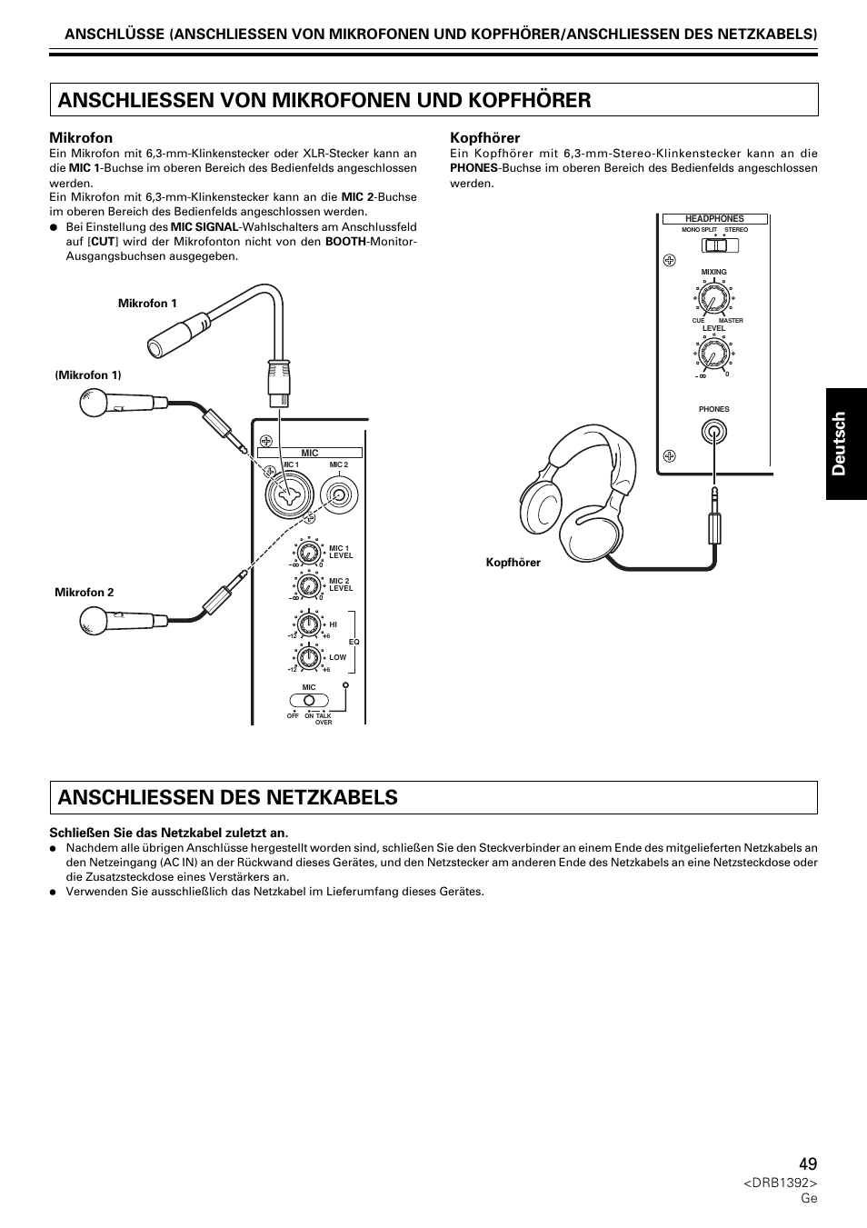 Anschliessen von mikrofonen und kopfhörer, Anschliessen des netzkabels, Deutsch | Mikrofon, Kopfhörer, Drb1392> ge, Schließen sie das netzkabel zuletzt an | Pioneer DJM-800 User Manual | Page 49 / 128