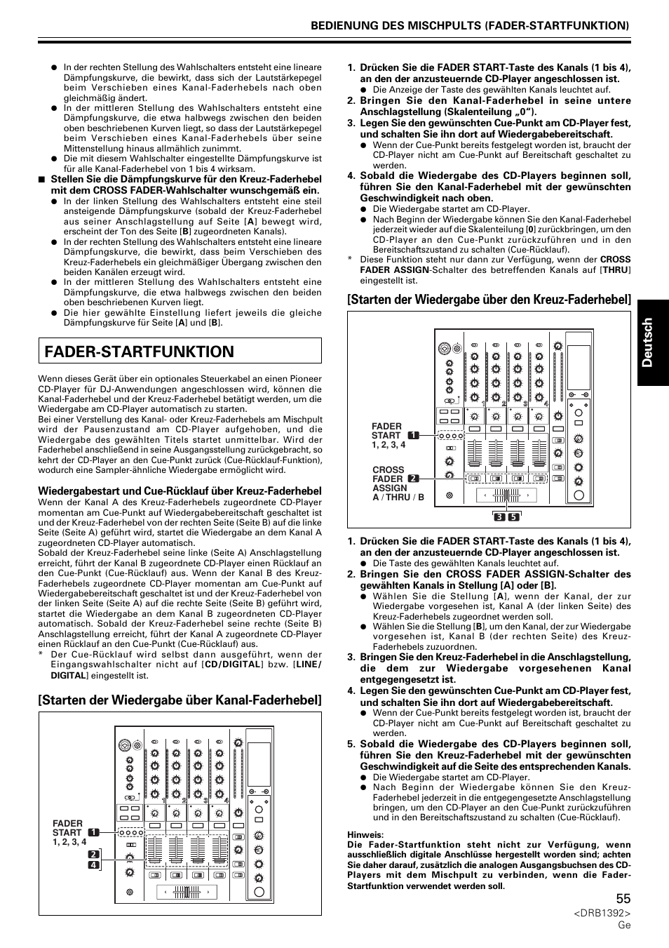 Fader-startfunktion, Deutsch, Starten der wiedergabe über kanal-faderhebel | Starten der wiedergabe über den kreuz-faderhebel | Pioneer DJM-800 User Manual | Page 55 / 128