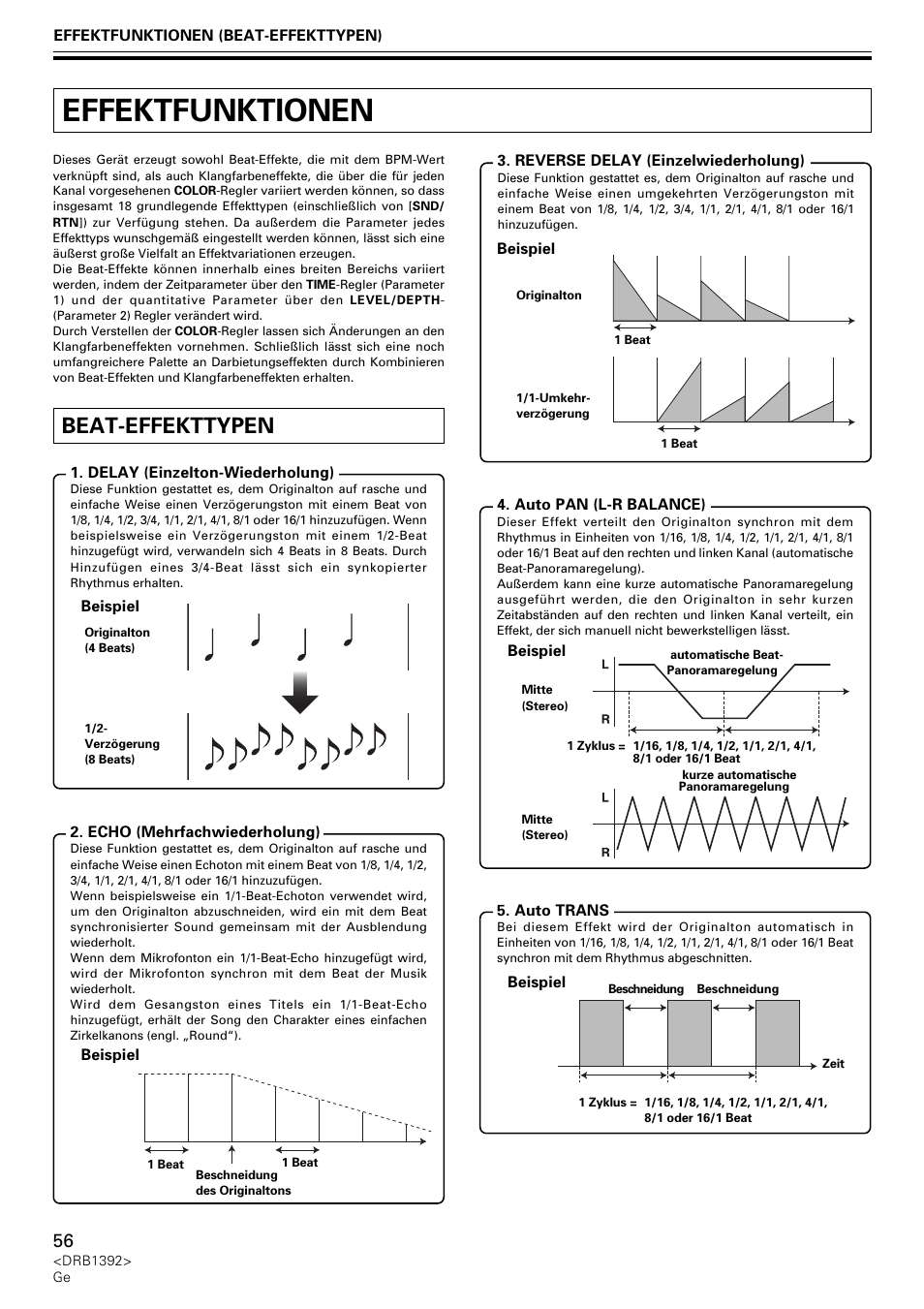Effektfunktionen, Beat-effekttypen | Pioneer DJM-800 User Manual | Page 56 / 128