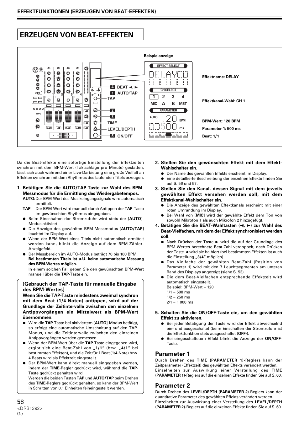 Erzeugen von beat-effekten, Parameter 1, Parameter 2 | Pioneer DJM-800 User Manual | Page 58 / 128